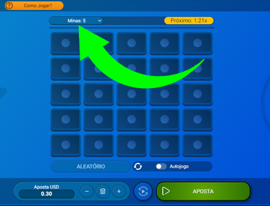 Para começar a jogar Mines especifica o número de mines para jogar o jogo