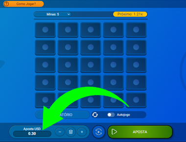 Para iniciar um jogo no Mines, especifique o tamanho da aposta